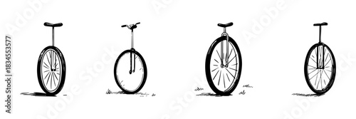Unicycle Doodle Sketch Set. Balance And Coordination Training In Hand Drawn Style Collection. Unique Cycling Experience And Skill Development. Isolated Vector Illustration