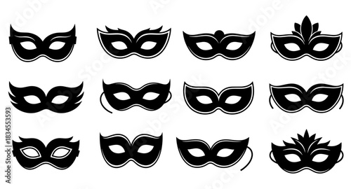 Collection of black carnival mask icons featuring twelve different festive and mysterious designs for a masquerade ball, party, or theatrical performance, shown as a graphic vector set