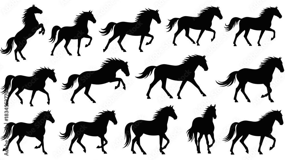 Obraz premium Set of black horse silhouette vector icons showing various dynamic poses including running, trotting, cantering, and rearing for equestrian or animal themes