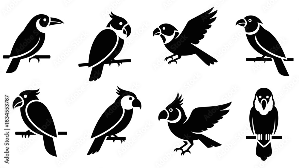 Obraz premium Collection of eight black tropical bird icons featuring parrots and cockatoos in various poses, including perching and flying, designed in a simple, modern graphic silhouette style