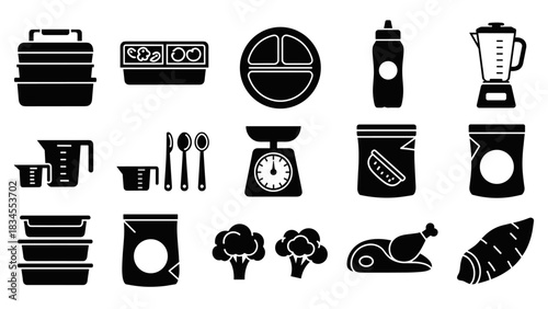 Black silhouette meal prep and cooking icons showing food containers, a portion plate, kitchen scale, blender, and healthy ingredients for diet planning and nutrition