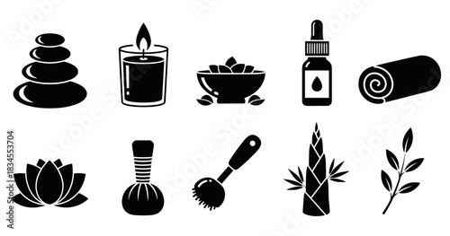 Collection of black silhouette spa icons for wellness and relaxation, including zen stones, a candle, essential oil, a towel, lotus, herbal compress ball, and bamboo