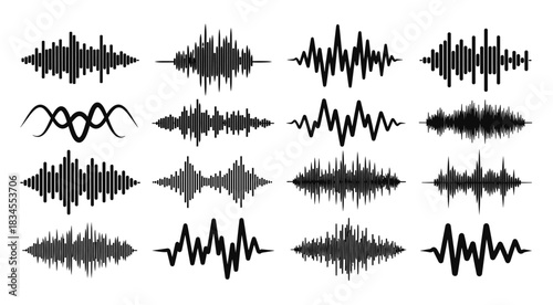 Black sound wave and audio waveform graphics set showing different frequencies, amplitudes, and music beats in a minimalist digital illustration collection