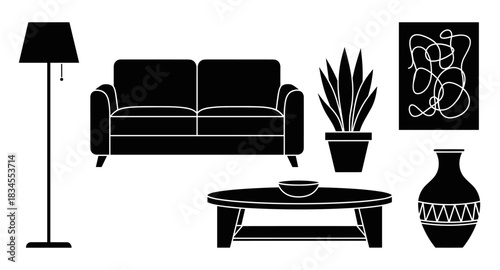 Black silhouette furniture and home decor icon collection with a loveseat, floor lamp, coffee table, houseplant, vase, and abstract art for a contemporary living room