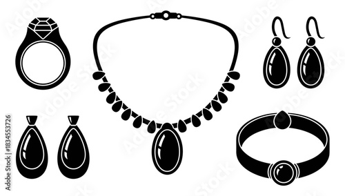 Black and white jewelry icon set featuring a diamond ring, necklace, bracelet, and earrings in a minimalist silhouette style for graphic design and web elements