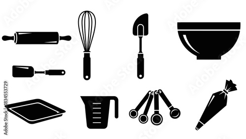 Set of black baking utensil icons including a rolling pin, whisk, bowl, spatula, and measuring spoons in a minimalist graphic style for culinary and cooking concepts