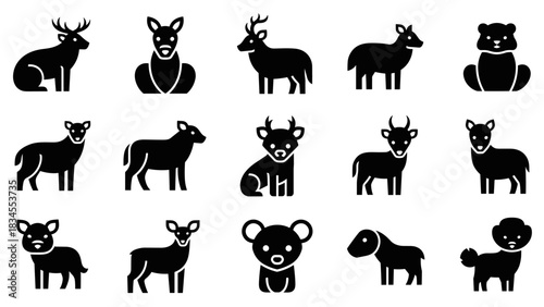 Collection of black solid animal icons featuring various wildlife like deer, stags, bears, and sheep, presented as a minimalist pictogram set with a clean graphic design