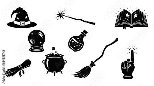 Set of black magic and witchcraft icons featuring a witch hat, cauldron, spellbook, crystal ball, potion, wand, broomstick, and a magical hand gesture for fantasy concepts