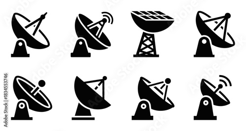 Set of eight black satellite dish icons showing different designs for radio telescopes, antennas, and communication equipment in a simple vector silhouette style