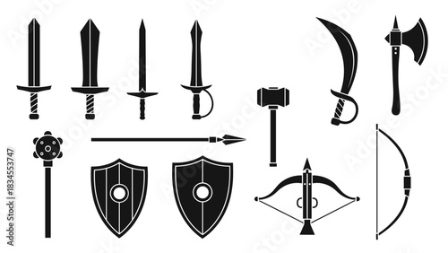 Collection of black medieval weapon silhouettes including swords, shields, an axe, a bow, and a crossbow, presented as a flat vector icon set for fantasy or historical themes