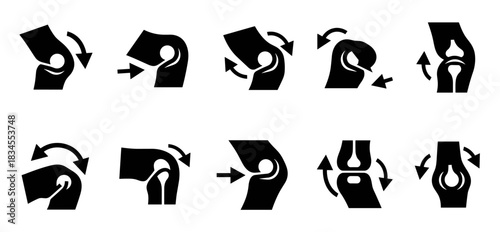 Black knee joint icons set showing various medical conditions, pain, and movement like flexion and extension for orthopedic and rheumatology concepts in a minimalist graphic style