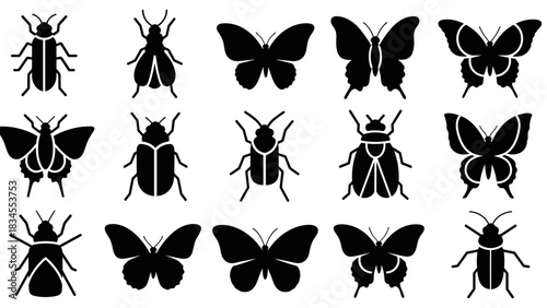 Large set of black insect silhouettes featuring various types of butterflies, beetles, and bugs, designed as simple, flat graphic icons for entomological illustration