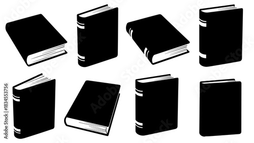 Collection of black hardcover book icons shown from various angles in a minimalist graphic style, representing knowledge, education, and literature in a simple vector illustration set