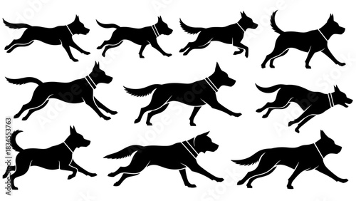 Collection of black dog silhouettes captured in dynamic running, jumping, and trotting poses, illustrating an animal's gait cycle as a graphic icon set