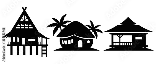 Set of three black tropical house silhouettes in a minimalist graphic style, showing a stilt house, a beach hut with palm trees, and a traditional gazebo for travel concepts
