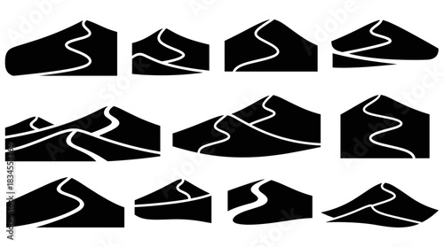 Set of black mountain and dune icons with winding path silhouettes, a minimalist vector collection for travel, adventure, and exploration themes