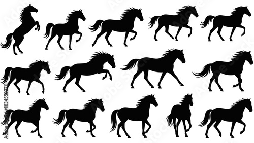 Set of black horse silhouette vector icons showing various dynamic poses including running, trotting, cantering, and rearing for equestrian or animal themes