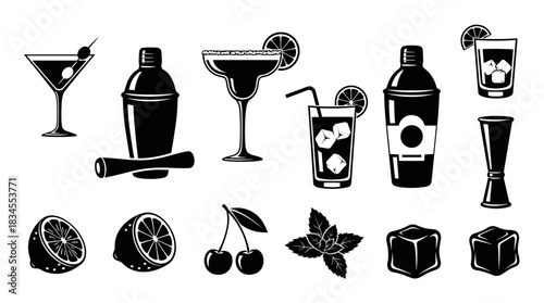 Set of black silhouette cocktail icons with a shaker, glasses, ice cubes, lemon, cherry, and mint, representing various bar tools and drink ingredients for mixology concepts