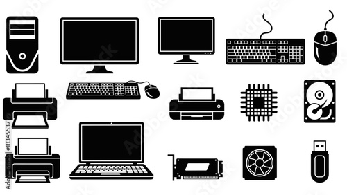 Collection of black computer hardware icons showing a PC, laptop, monitor, printer, keyboard, mouse, CPU, hard drive, and graphics card in a flat silhouette style