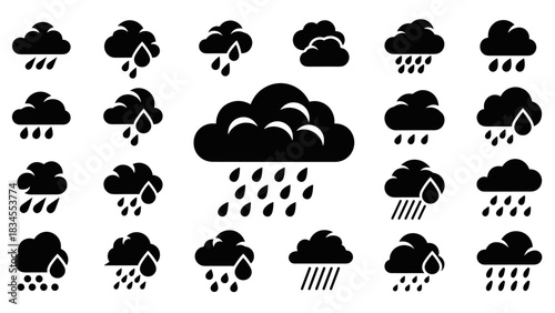 Collection of black rain cloud icons with various raindrop styles for weather forecasting, featuring minimalist silhouette designs for meteorological symbols and climate graphics