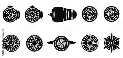 Collection of aircraft turbine and jet engine glyphs featuring different fan and propeller designs in a simple black and white graphic illustration