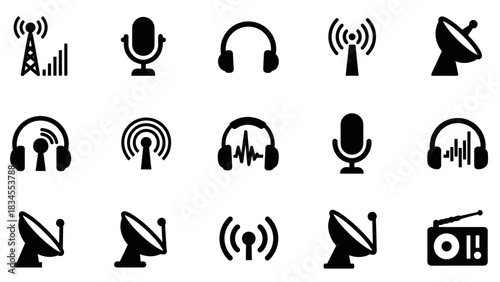Set of black radio and podcasting icons featuring microphones, headphones, antennas, and satellite dishes in a simple flat graphic style for communication and broadcast concepts
