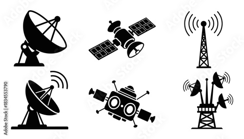 Set of six black communication icons showing satellite dishes, orbital spacecraft, and a radio broadcast tower in a simple silhouette style for technology and telecommunication themes