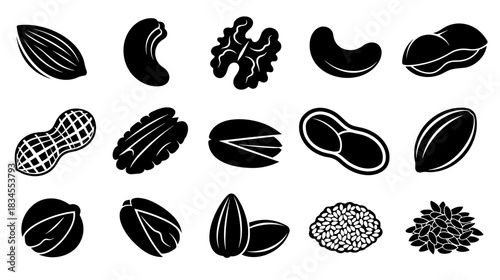 Collection of various nuts and seeds icons in a black and white graphic silhouette style, featuring almond, walnut, cashew, peanut, and pistachio for healthy eating concepts