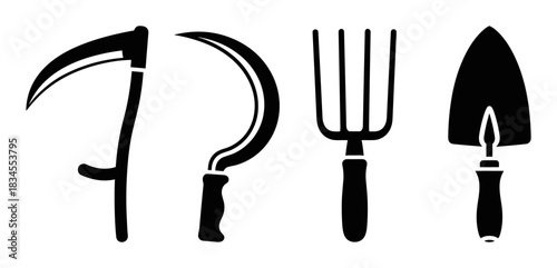 Set of black silhouette farming tools including a scythe, sickle, pitchfork, and trowel arranged in a row in a minimalist graphic style for agricultural concepts
