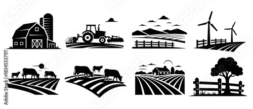 Set of eight black farm icons showing agricultural scenes like a barn with silo, tractor in a field, grazing cows, and windmills in a minimalist silhouette design