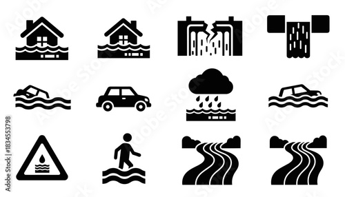 Set of black flood disaster icons showing a submerged house, car, broken dam, and heavy rain, representing a natural catastrophe and emergency situation in a simple glyph style