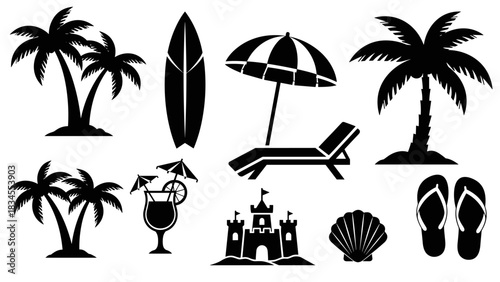 Set of black beach and summer vacation icons with palm trees, a surfboard, a deckchair, a sandcastle, a seashell, a cocktail, and flip-flops in a minimalist graphic style