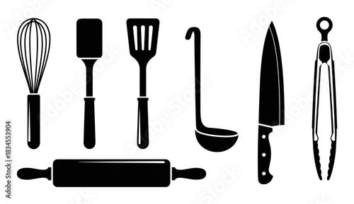 Set of seven black kitchen utensil silhouettes including a whisk, spatula, ladle, knife, tongs, and rolling pin presented as a graphic icon collection for culinary themes