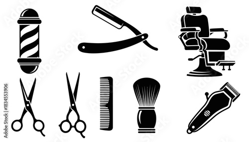 Barbershop tool and equipment icon set featuring a pole, straight razor, chair, scissors, comb, shaving brush, and electric hair clipper in a black silhouette design