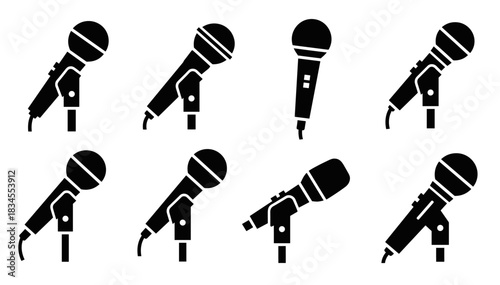 Set of black microphone silhouette icons in various designs for audio recording, broadcasting, and live performance concepts, presented as a simple glyph collection