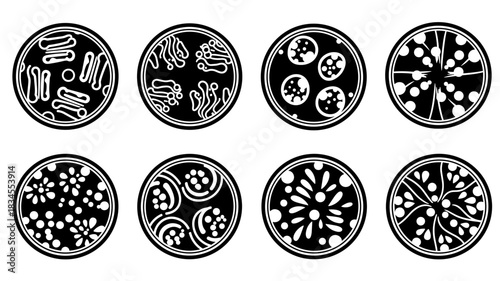 Eight circular black and white icons with abstract biological patterns representing bacteria, microorganisms, and cellular structures viewed under a microscope in a minimalist graphic style