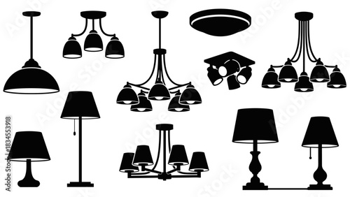 Collection of black lamp silhouettes including various chandeliers, pendant lights, floor lamps, and table lamps presented as a flat graphic icon set for interior design concepts