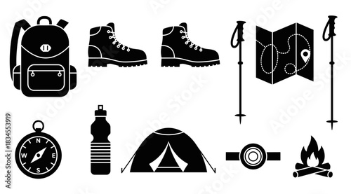 Collection of black glyph icons for hiking and camping gear showing a backpack, boots, map, compass, tent, trekking poles, water bottle, headlamp, and campfire