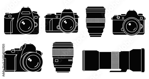Collection of black camera and lens silhouettes presented as a set of flat icons, showcasing various types of professional digital photography equipment like DSLR and telephoto lenses