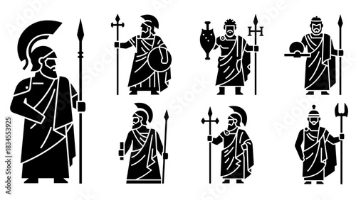 Set of black glyph icons depicting ancient Greek or Roman warriors and gods with traditional armor, weapons, and helmets, presented in a minimalist graphic vector style
