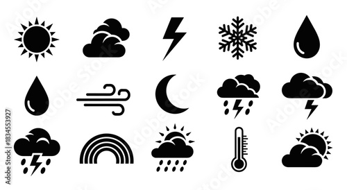 Set of black weather forecast glyph icons representing various meteorological conditions like sun, cloud, rain, snow, wind, storm, and temperature for web or app design
