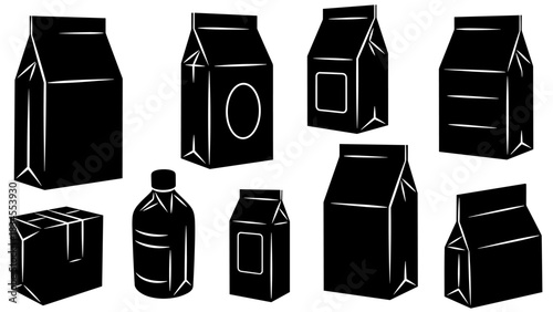 Set of black silhouette food packaging icons featuring various cartons, a bottle, and a box in a bold graphic style, perfect for logos or design elements