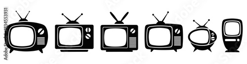 Collection of black retro television sets with various designs and antennae arranged in a horizontal row, representing vintage technology and media in a simple graphic silhouette style