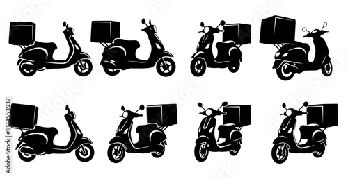 Collection of black delivery scooter silhouettes with large cargo boxes, shown from various angles in a minimalist graphic illustration style for transport and logistics concepts