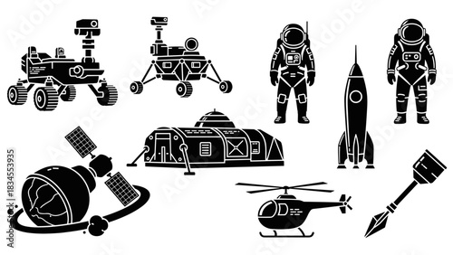 Set of black vector glyph icons for space exploration and colonization, including an astronaut, rover, rocket, satellite, planetary base, and a small helicopter