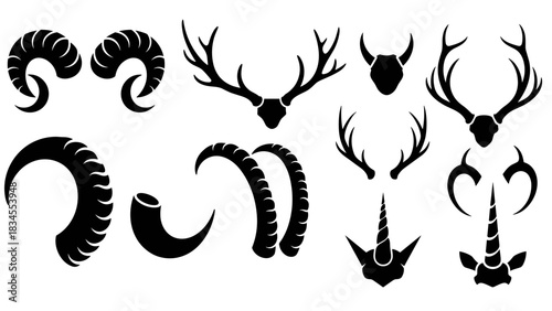 Collection of black animal horn silhouettes featuring deer antlers, ram horns, and mythical unicorn designs in a simple graphic vector illustration style for creative elements