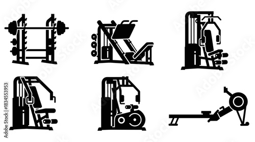 Set of black gym equipment icons featuring various workout machines for strength training, including a squat rack, leg press, chest press, and rowing machine in a flat silhouette style