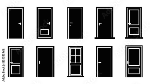 Ten different black door silhouette icons showing a variety of styles from simple modern to classic paneled and glazed designs in a minimalist graphic vector illustration