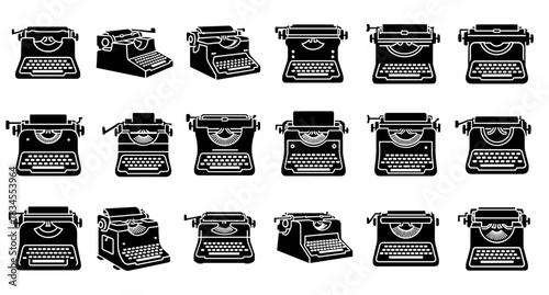 Collection of black vintage typewriter icons in various styles and perspectives, showcasing classic writing machines for graphic design and nostalgic themes in a flat vector illustration set