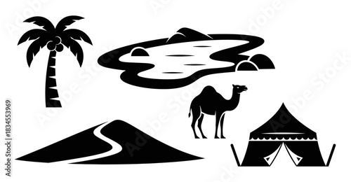Black silhouette icons of a desert theme featuring a dromedary camel, a nomadic tent, a sandy dune, a water oasis, and a coconut palm tree in a minimalist graphic style